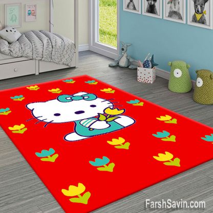 فرش ساوین طرح هلو کیتی(نی نی گل) قرمز اتاق کودک