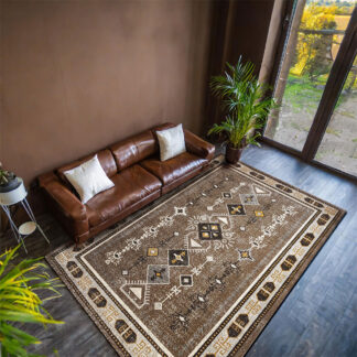 فرش ماشینی ساوین طرح مدرن فانتزی سنتی عشایری 4114 نسکافه ای شکلاتی